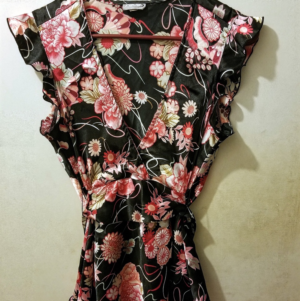 Rave Silky Black Floral Large Tie-Back Top